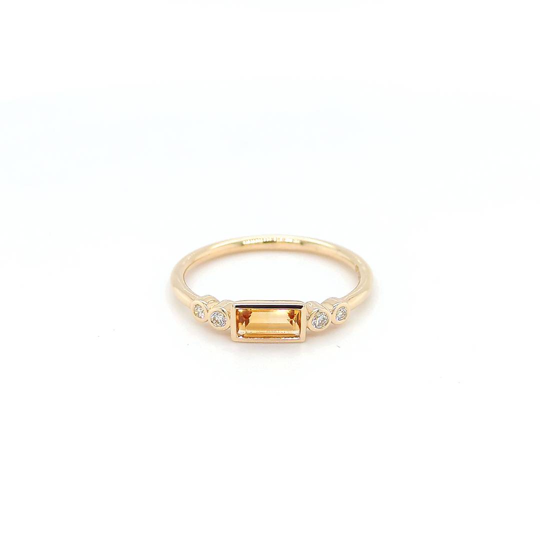 Image of 9ct Yellow Gold Ring featuring a 0.31ct Baguette Citrine and 4 Round Cut Natural Diamonds. Custom jewellery Sunshine Coast & Australia 