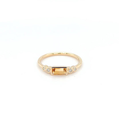 Image of 9ct Yellow Gold Ring featuring a 0.31ct Baguette Citrine and 4 Round Cut Natural Diamonds. Custom jewellery Sunshine Coast & Australia 