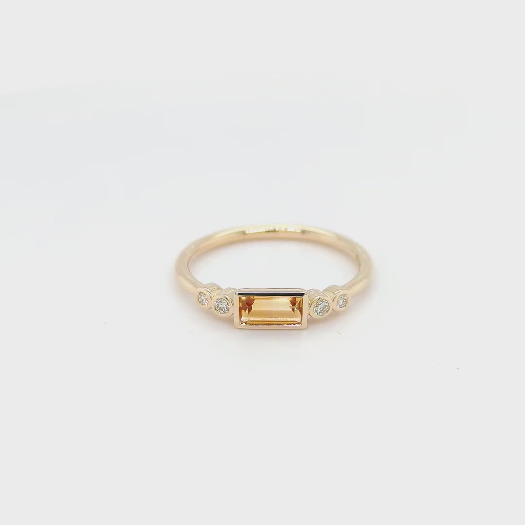 Load video: Image of 9ct Yellow Gold Ring featuring a 0.31ct Baguette Citrine and 4 Round Cut Natural Diamonds. Custom jewellery Sunshine Coast &amp; Australia 